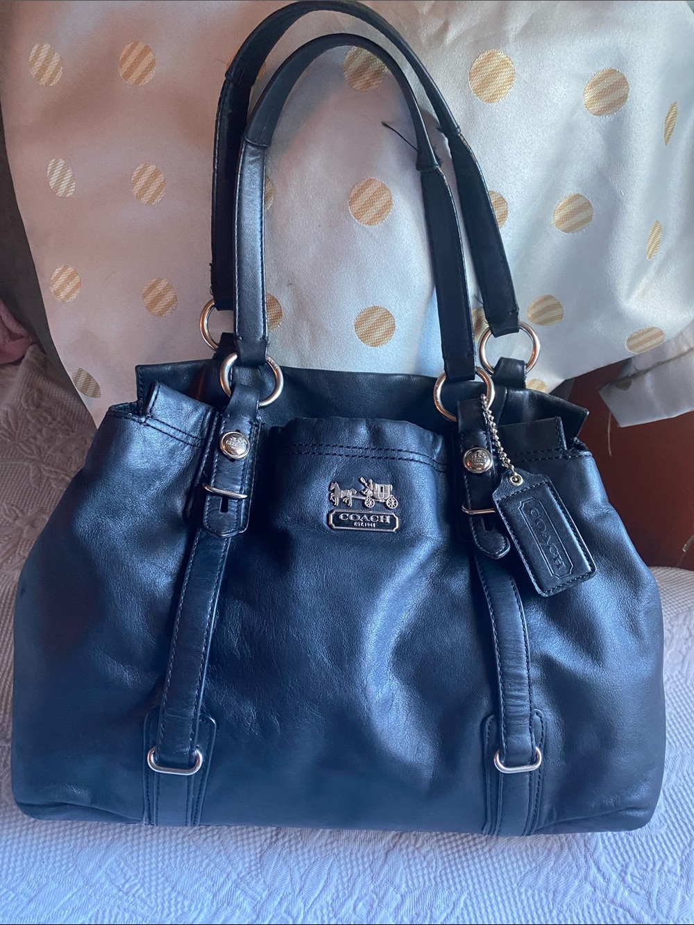 Coach Black Leather Shoulder Bag with Signature Tag and Silver Hardware